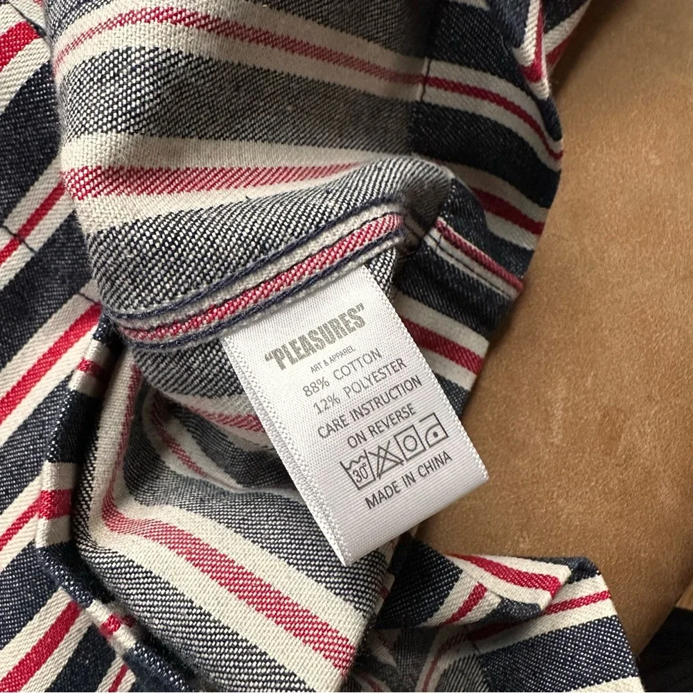 PLEASURES striped chore jacket over shirt shacket denim red printed graphic - Picture 9 of 11